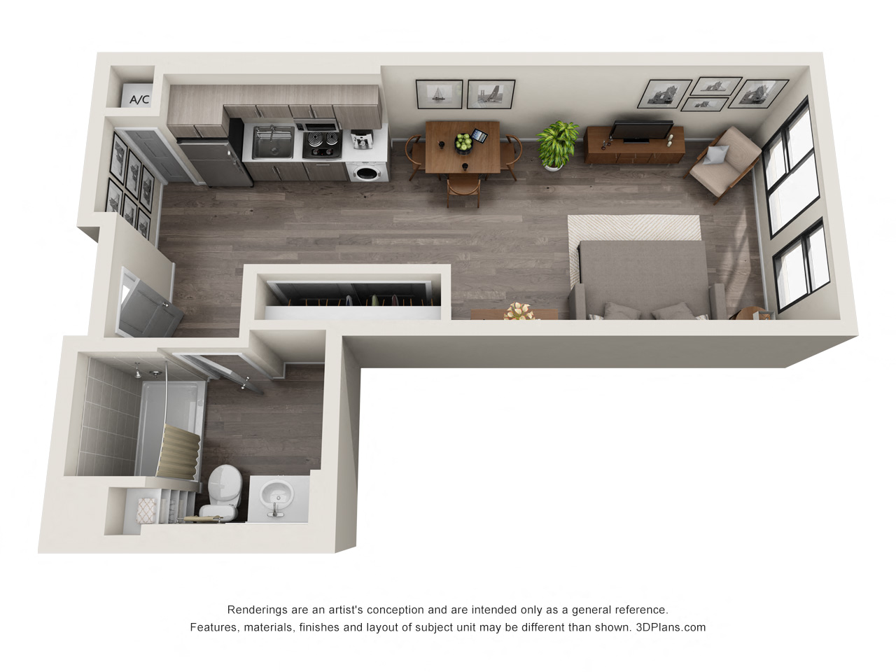 Floor plan for studio, 1 bath, 509 sqft